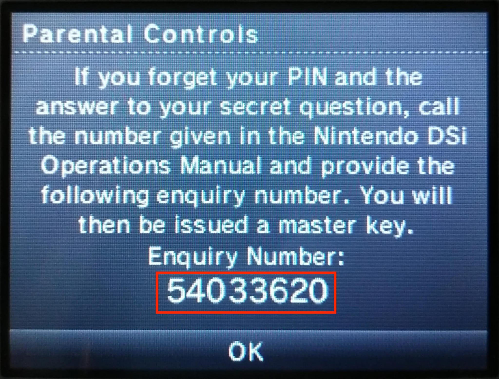 Confirmation Number, Nintendo Master Key, PIN